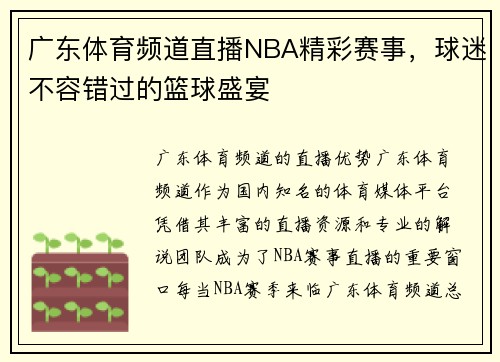 广东体育频道直播NBA精彩赛事，球迷不容错过的篮球盛宴
