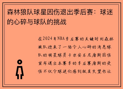 森林狼队球星因伤退出季后赛：球迷的心碎与球队的挑战